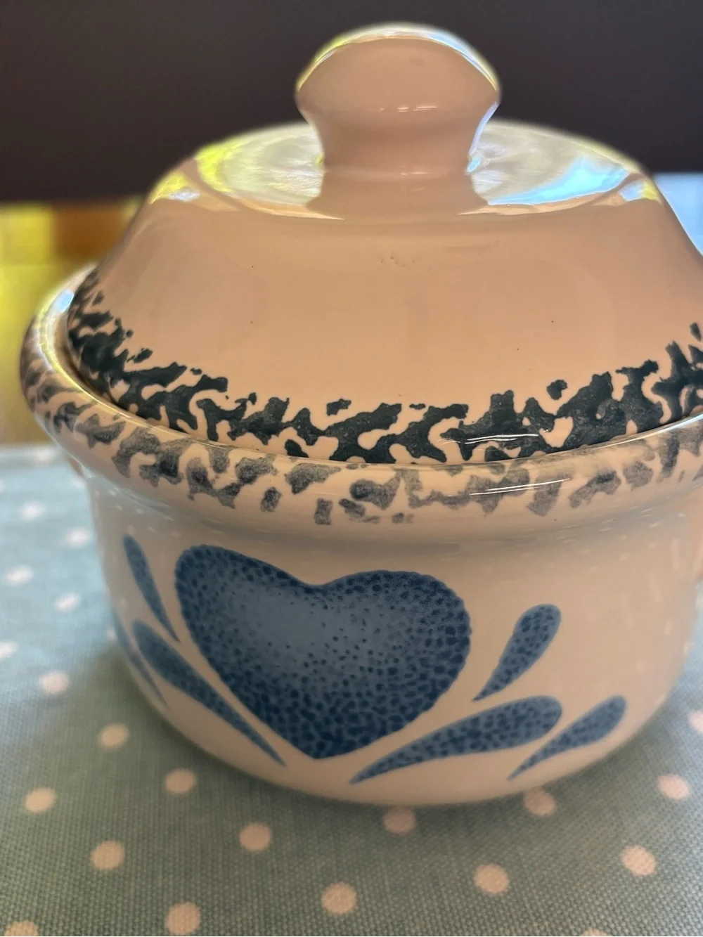 Blue Heart Sponge Pattern Crock with Lid County Kitchen Farmhouse Cottage Core